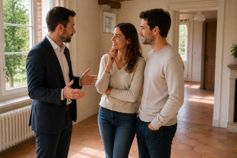expert face à un couple d'acheteur immobilier