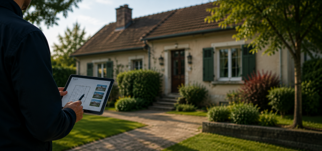 expert devant une maison avec jardin.