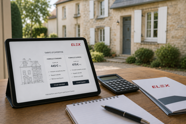 tablette avec calculatrice davant une maison en pierre