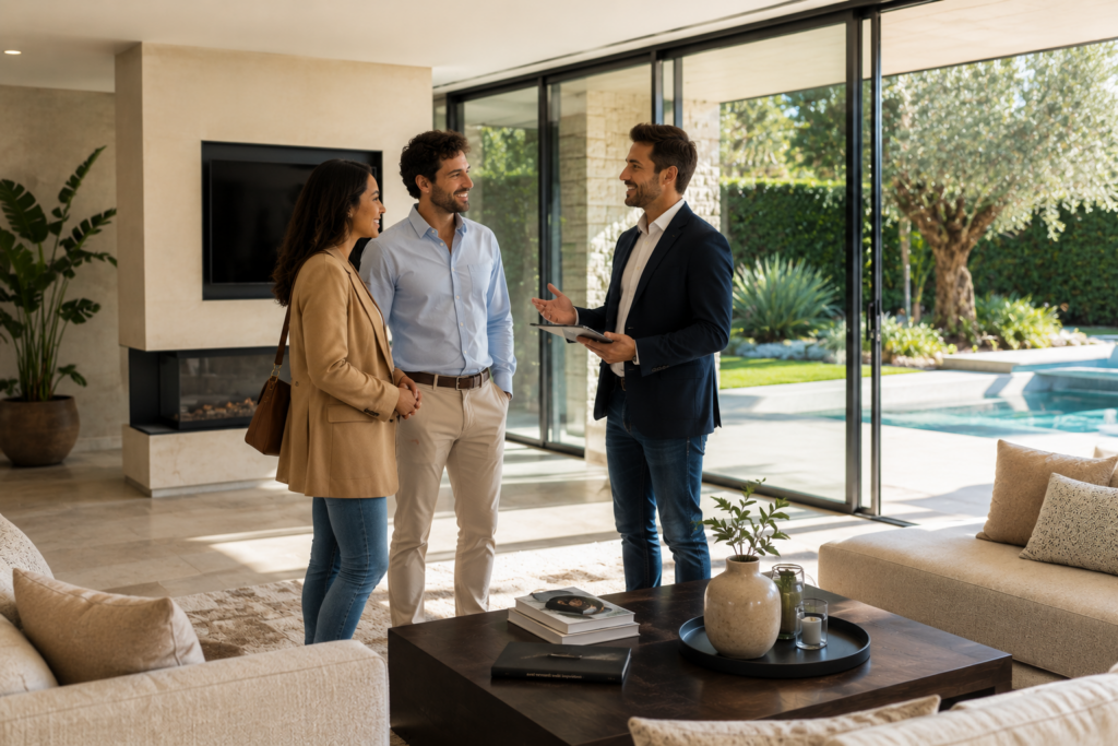 agent immobilier en visite dans une maison avec piscine